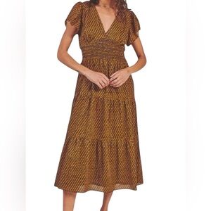 Trovata Kendall Floral Flutter Sleeve V-Neck Smocked Bodice Tiered Midi Dress